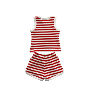 Set di abbigliamento per bambini di qualità per bambini estivi con canotta <span class=keywords><strong>e</strong></span> pantaloncini da Waffle personalizzati a righe rosse <span class=keywords><strong>e</strong></span> bianche - Product Image 4