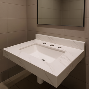 Plan de toilette rectangulaire en marbre blanc de 31 pouces avec trous de robinetterie pré-percés, lavabo sous plan, style contemporain - Product Image 2