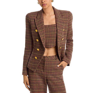 Completo da Donna <span class=keywords><strong>Marrone</strong></span> a Pied-de-Poule, Blazer <span class=keywords><strong>Doppiopetto</strong></span> con Bottoni Dorati e Pantaloni a Gamba Larga, Tailleur Elegante da Ufficio - Product Image 3
