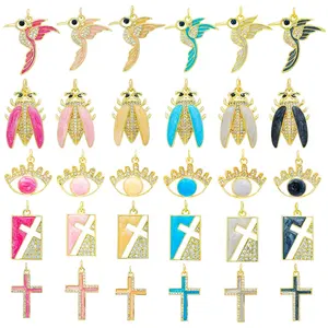 Colorful Insect Bird Eye Oil Drop Charms 18K Gold Plated Cross Enamel Pendant Necklace Dripping Oil Pendants For Jewelry Making