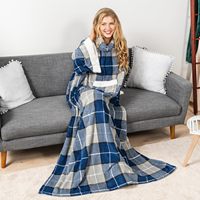 Tragbare Decke, warm, weich, Plüsch, Kuscheldecke mit Taschen und Ärmeln, TV-Wurfdecke, gemütliche weiße Elefanten-Geschenkideen für Mama, Ehefrau, kariert, blau
