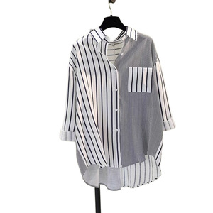 Baumwolle Leinen Single Pocket Color blocking Gestreiftes Hemd Damen Loose <span class=keywords><strong>Casual</strong></span> Top Bluse Mode - Product Image 1
