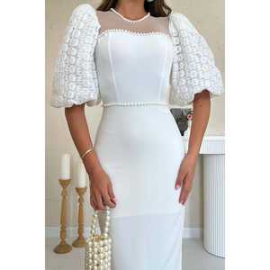 Robe de soirée blanc cassé en gros avec détails en tulle orné de perles - Product Image 2