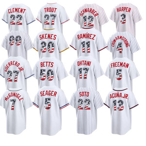 Venta al por Mayor de Camisetas de Béisbol Bordadas con la Bandera Estadounidense y los Estrellas y Franjas, del 250º aniversario de la MLB, para Hombre, con los Números 17 de Ohtani, 5 de Freeman, 50 de Betts, 18 de Yamamoto y 99 de Judge - Product Image 1