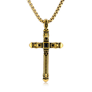 <b>Cross</b> Necklace For Men Stainless Steel Punk Style Black Stone Pendant Gold Tone <b>Chain</b> Jewelry Fashion Accessory - Product Image 1