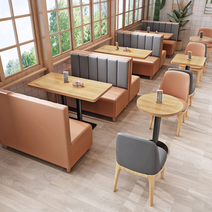 Ensemble de meubles de restaurant modernes avec sièges rembourrés gris orange et tables en bois - Product Image 2
