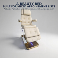 Lit de beauté en albâtre en gros avec colonne de levage motorisée, grille de fixation, bande lumineuse, accoudoir rembourré, capuchon doré et coussin cervical
