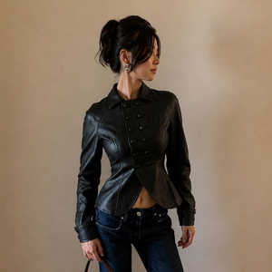 Women's Black Double Breasted PU Woven Moto <b>Jacket</b> Autumn New Turn-down Collar Punk Rocker Casual <b>Zip</b>-<b>Up</b> Outerwear - Product Image 3