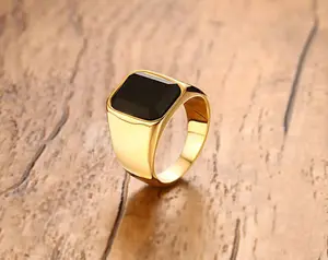 Custom OEM/ODM Big Stone Ring For MEN 18k Gold Plated Stainless Steel Square Black Stone Rings