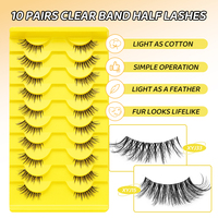10 paires de faux cils faits à la main à bande transparente, demi-bande, naturels, courbure C, effet œil de chat, œil de renard, cils effilés faits à la main