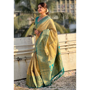 Sari Chickoo de tejido puro Zari con tejidos en contraste para atuendos de fiesta - Product Image 6