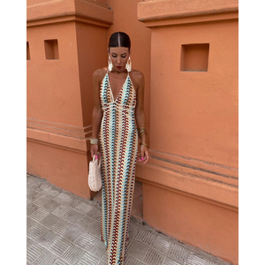 <span class=keywords><strong>Robe</strong></span> en tricot pour femme à rayures de couleur contrastée populaire, col en V, à lacets, <span class=keywords><strong>robe</strong></span> de plage dos nu, <span class=keywords><strong>style</strong></span> <span class=keywords><strong>bohème</strong></span> coloré, <span class=keywords><strong>robe</strong></span> de vacances - Product Image 1