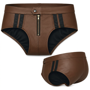 Mid-Rise Brown Genuine <b>Leather</b> <b>Men's</b> Boxer Briefs with Zipper Stripes Anti-Bacterial Quick Dry Non-Woven UV Printed <b>Underwear</b> - Product Image 1