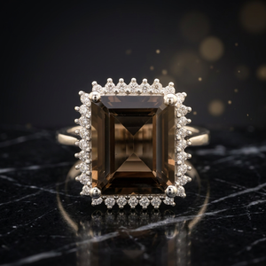Smoky Quartz <b>Emerald</b> Cut Cocktail <b>Ring</b> 925 <b>Silver</b> Pave Setting Women's Classic Statement <b>Ring</b> - Product Image 3