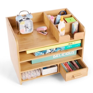 Organisateur de bureau multifonctionnel en bambou avec quatre niveaux et tiroir pour classement et rangement de stylos et fournitures de bureau - Product Image 1