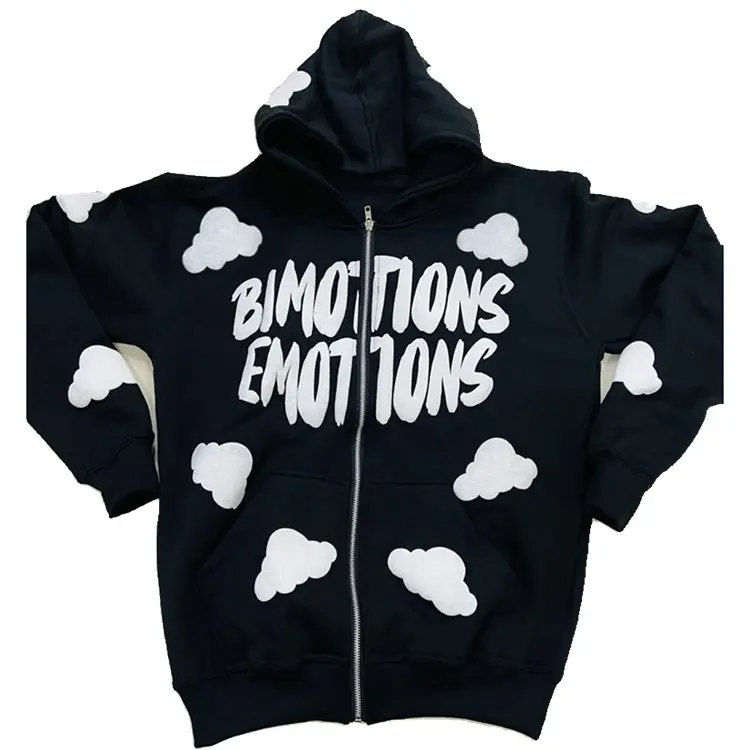 wholesale fashion casual designer oversized black custom logo full face zip up puff print men hoodie