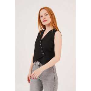 Wholesale <b>Black</b> V-Neck Buttoned Triangle Cut <b>Vest</b> Casual Outer Top Vintage Decoration Logo Crocheted <b>Knitted</b> Woolen Woven PU - Product Image 3
