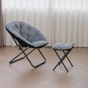 Chaise soucoupe pliante en fausse fourrure cadre en métal surdimensionné grand confortable fourrure rembourré doux confortable <span class=keywords><strong>rose</strong></span> lune chaise avec repose-pieds pouf - Product Image 6