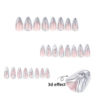 24 faux ongles en acrylique à presser, style minimaliste français 3D, couleur argent, forme stiletto, couvrance totale, avec colle, longueur moyenne - Product Image 2
