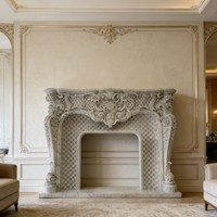 Ensemble de cheminée décoratif de style français sur mesure, en marbre blanc, avec étagère en marbre blanc