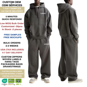 Ensemble de survêtement d'hiver pour <span class=keywords><strong>homme</strong></span>, 2 pièces, thermique, lourd, 450 GSM, en molleton de coton, sweat-shirt oversize, pantalon de survêtement à jambes larges, streetwear - Product Image 1