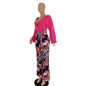 High Quality <b>Sexy</b> Deep V Puff Sleeve Crop Top Leaf Print 2 Piece Pants <b>Set</b> Fashion - Product Image 5