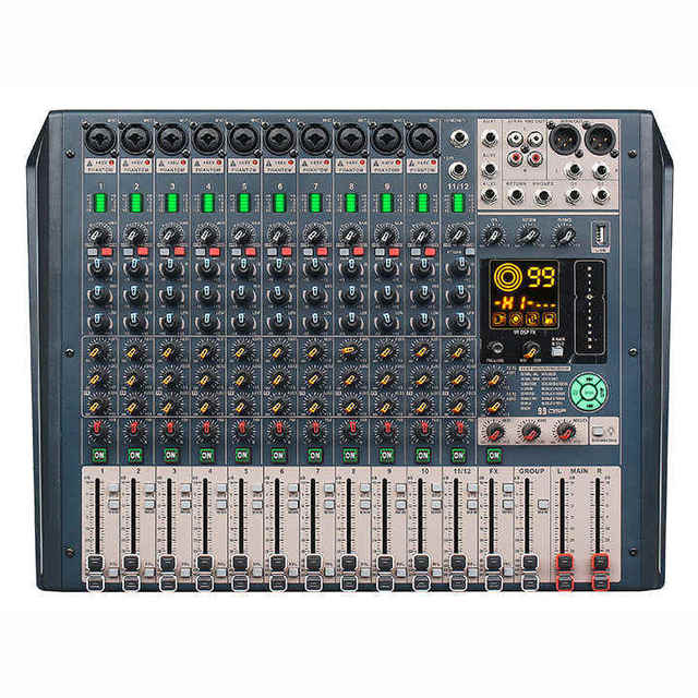 12-Channel Digital Audio Mixing Console with 99 DSP Effects 3 Group Aux Send Professional Sound Mixer Bt USB MP3 Player