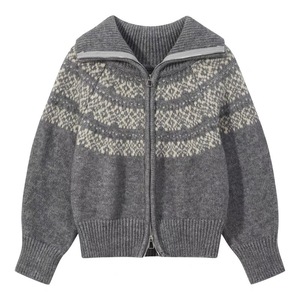 Women's Zipper <b>Cardigan</b> Loose Jacquard Knit Winter Soft Vintage Sweater Coat - Product Image 2