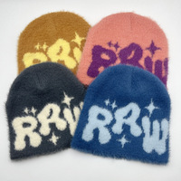 Großhandel Flauschige Nerz-RAW-Beanie-Mütze mit Buchstaben und Stern, flauschige Strickmütze, warme Winter-Plüsch-Street-Hip-Hop-Mütze für Herren und Damen, Alltag und Outdoor