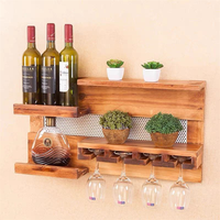Vente d'usine : Étagère à vin murale couleur noyer, porte-bouteilles et verres en bambou et bois