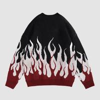 Pull tendance pour homme en maille à col rond, imprimé flamme 3D, en fil filé, color block, doux et chaud pour l'hiver