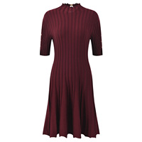 Robe Courte en Maille Vintage Élégante A12603 à Col Semi-Montant Uni, Manches Courtes et Taille Cintrée Coupe Trapèze