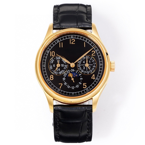 Montre de sport luxueuse pour homme, 42 mm, boîtier en acier inoxydable or rose, bracelet en cuir, cadran noir, phase de lune, calendrier, 5074R, haute qualité - Product Image 1