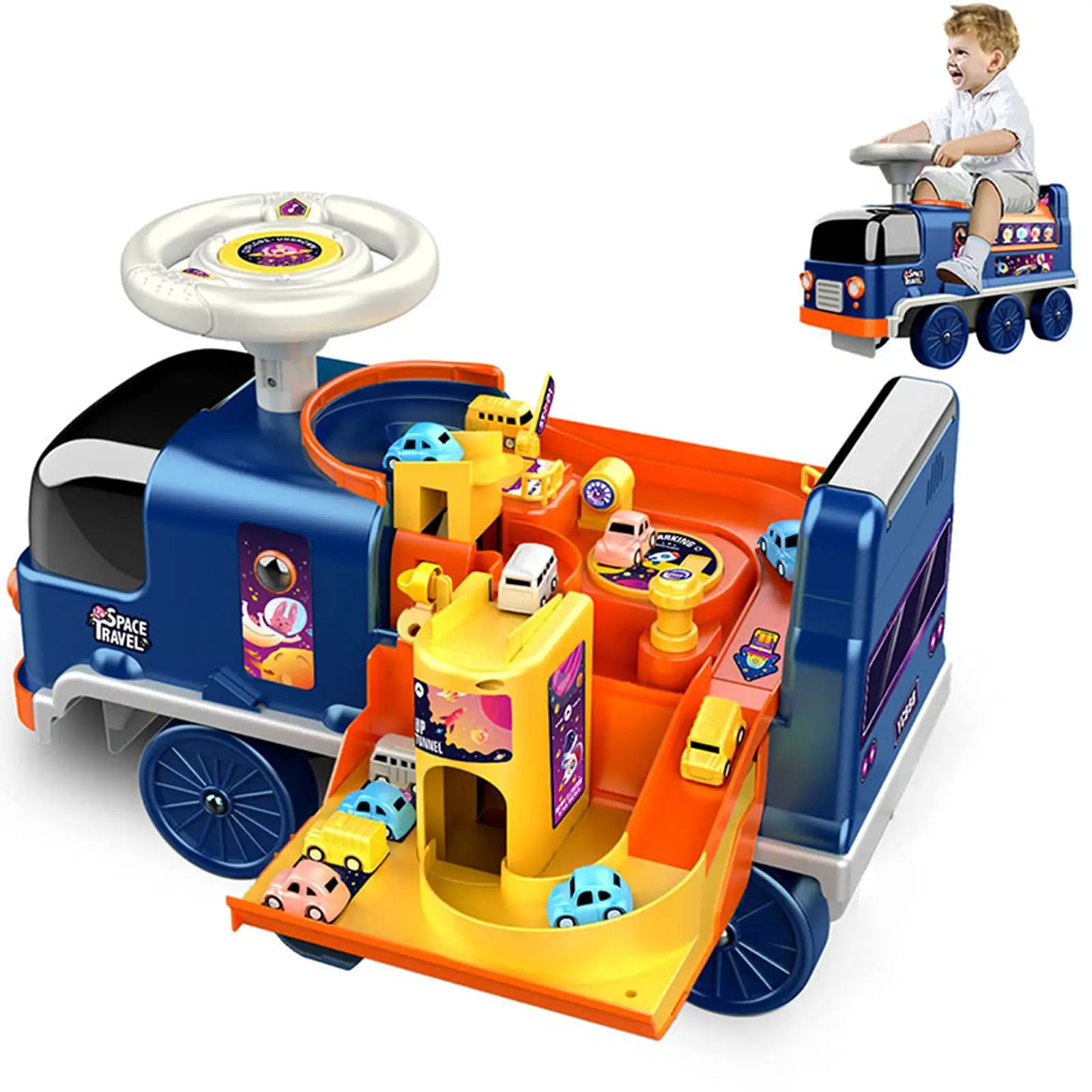 2 In 1 Space Ride On Car Toy Multi-function Baby Carriage Toys Set Rotating Children's Parking Lot Toy