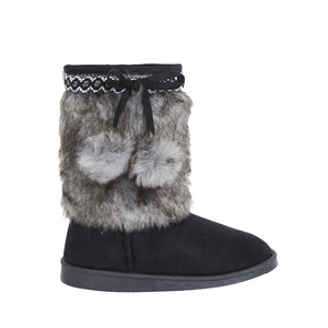 Women Slip On Mid Calf Snow Boots Faux Fur Pom Pom Lace <b>Bow</b> Trim Plush Warm Lining Black Daily Outdoor Ladies Winter Footwear - Product Image 4