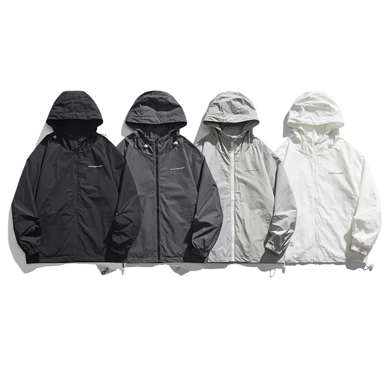 High Quality Mens Outdoor Nylon Baseball Coats Casual Windbreak Grey Black Hooded Jacket