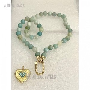 NM45608 <span class=keywords><strong>collana</strong></span> con chiusura a moschettone placcata oro annodata a mano con ciondolo a forma di cuore in <span class=keywords><strong>amazzonite</strong></span> naturale NM45608 - Product Image 6