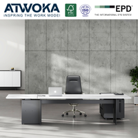 Bureau de direction de luxe ATWOKA, réglable en hauteur, blanc, avec armoire de rangement et prise multimédia