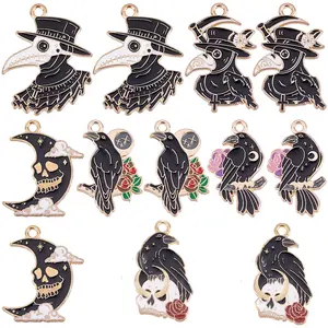 Pesona Gothic Raven Charms Black Moon Skull Rose Halloween Enamel Hewan Burung Gagak Pesona untuk Membuat Perhiasan Persediaan