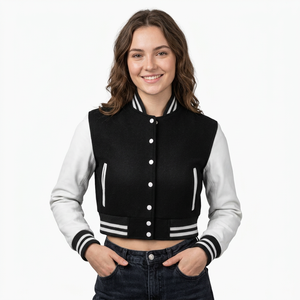 Chaqueta Varsity para Mujer, Piel de Vaca, Cuerpo Negro, Mangas Blancas, Cierre de Botones, Largo Regular, Cuello Alto, Ropa de Invierno, Algodón Tejido - Product Image 1