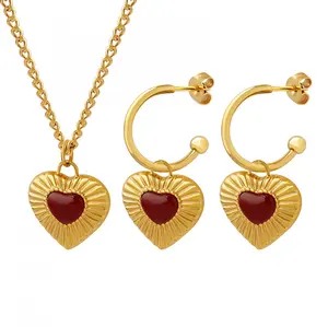 Hot online celebrity jewelry agate peach heart design sense stainless steel 18 gold plated jewelry set