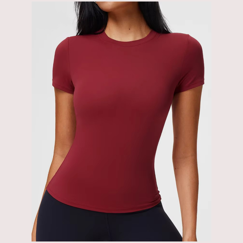 Women's Off-Shoulder Summer Short-Sleeved Breathable Spandex/Nylon High-Elastic Slim-Fit Fitness Sports Yoga T-Shirt