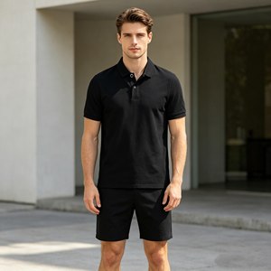 Ensemble polo piqué 300 g/m² pour homme, logo personnalisé, ensemble short décontracté noir pour homme, ensemble vêtements décontractés d'été pour homme - Product Image 1