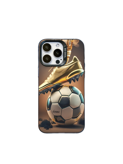 Golden Soccer Cleat & Ball TPU UV Painted Phone Case for 16/15/14/13/12 Pro Max Champion Trophy Print Shockproof Cover