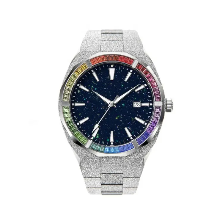 Custom Silver And Rainbow Diamond Bezel Frosted 316l Stainless Steel Band Real Star Dust China Automatic Watch For Men