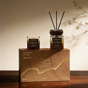 Retro Scented Candle Gift Box Coffee Wood Fragrance Decor Wooden Wick Candle Premium <b>Reed</b> <b>Diffuser</b> Essential Oil Set - Product Image 2