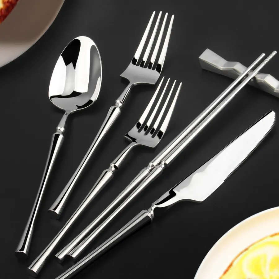 उच्च गुणवत्ता रेस्तरां शादी की आधुनिक स्टेनलेस स्टील कटलरी Flatware सेट 7 टुकड़ा घर में इस्तेमाल के लिए