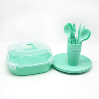 Vaisselle de pique-nique en plastique réutilisable portable Ensemble de vaisselle de camping Comprend couteau fourchette cuillère assiette Vaisselle