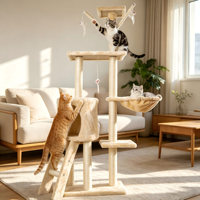 Arbre à chat de luxe de 134 cm à 5 niveaux avec poteaux à gratter en bois de sisal, maison pour chat, panier suspendu, nid, montage facile pour chats d'intérieur