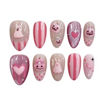 Ongles à presser en ABS rose fantôme tendance pour Halloween, couvrance totale, avec colle, motifs mignons cœur, citrouille, carreaux, style français, vente en gros